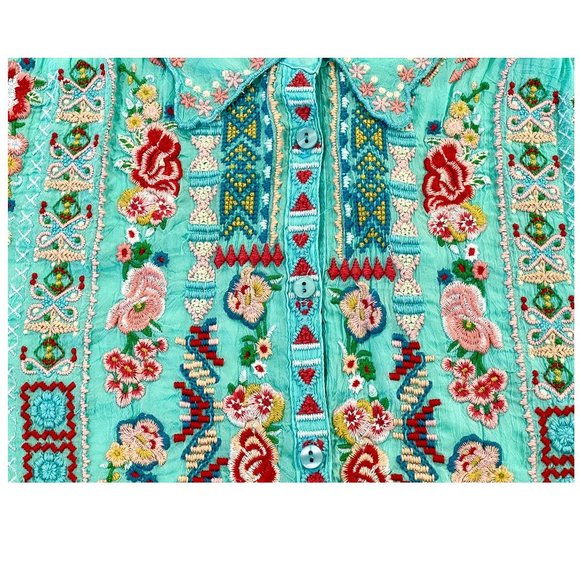 Gorgeous Johnny Was Floral Embroidered Blouse ~ Tiffany Blue ~ Boho Chic - Picture 3 of 14